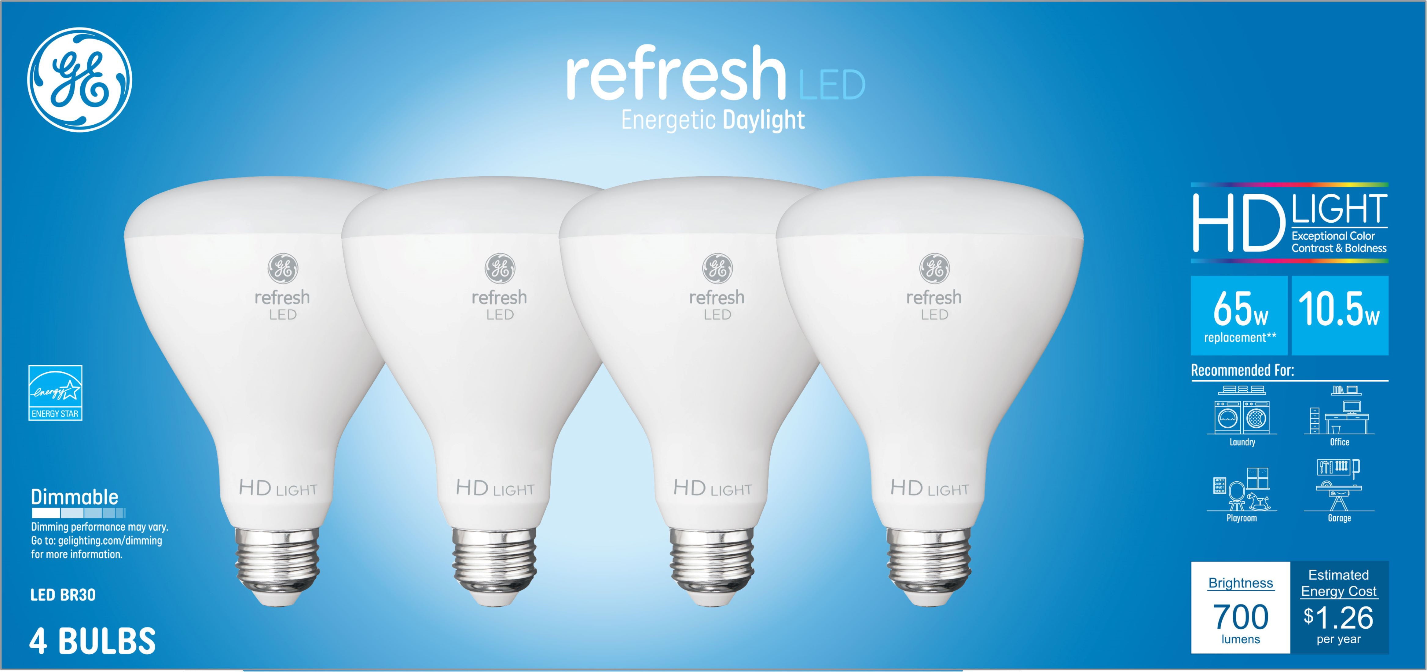 GE Refresh LED Indoor Floodlights， 65 Watt Eqv， Daylight， BR30 Light Bulbs with Beam Spread， 4pk