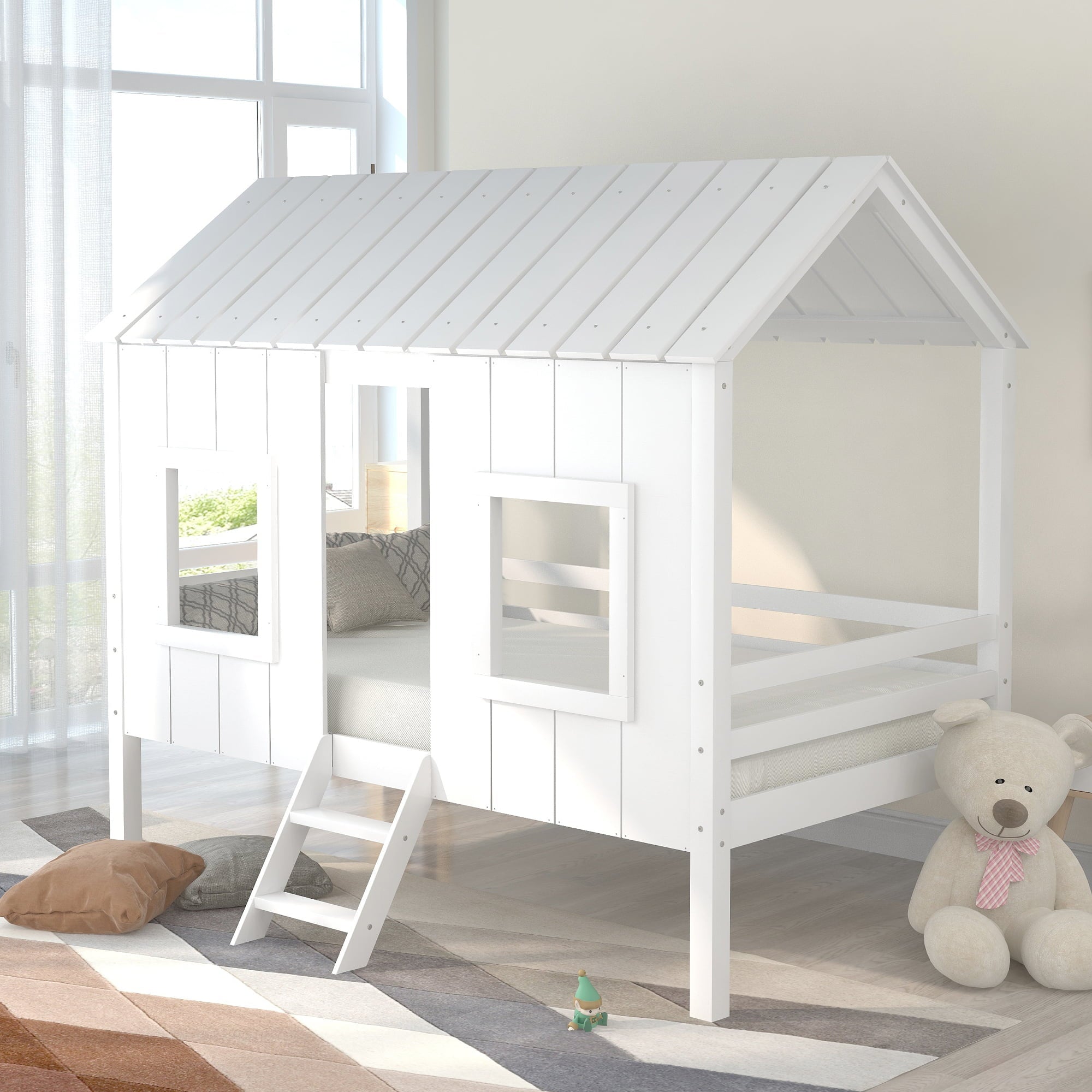 Euroco Twin Loft Bed House Bed with Roof for Child, White