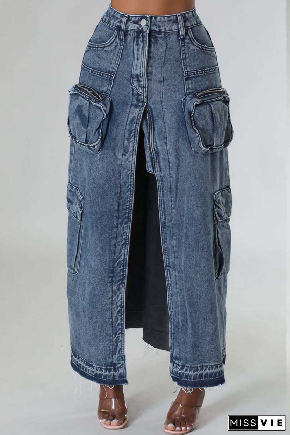 Deep Blue Casual Solid Patchwork Slit High Waist Regular Denim Skirts