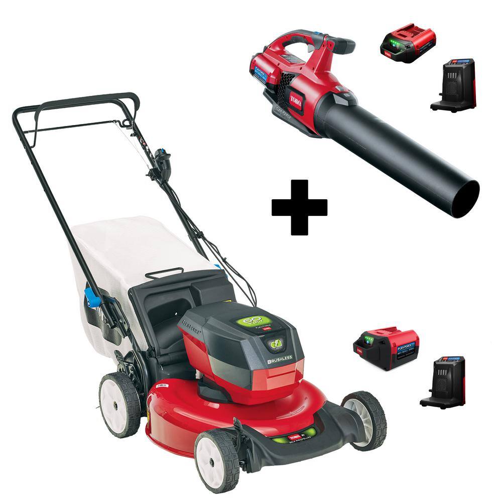 Toro Flex-Force 60V Cordless 2-Tool Combo Kit 21 in. Recycler Walk Behind Lawn Mower  Leaf Blower wCharger  (2) Batteries 66396