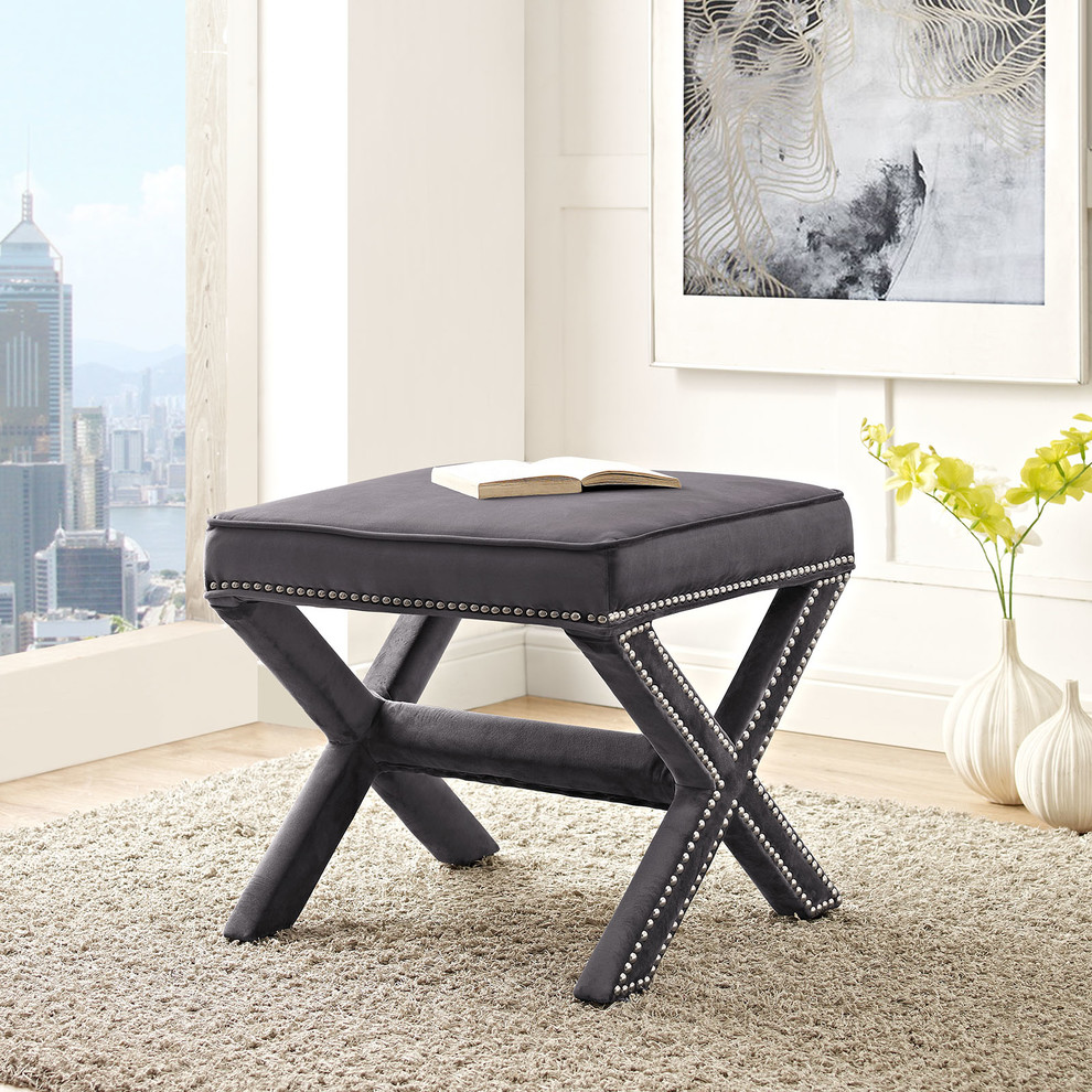 Rivet Upholstered Velvet Ottoman   Transitional   Vanity Stools And Benches   by Uber Bazaar  Houzz