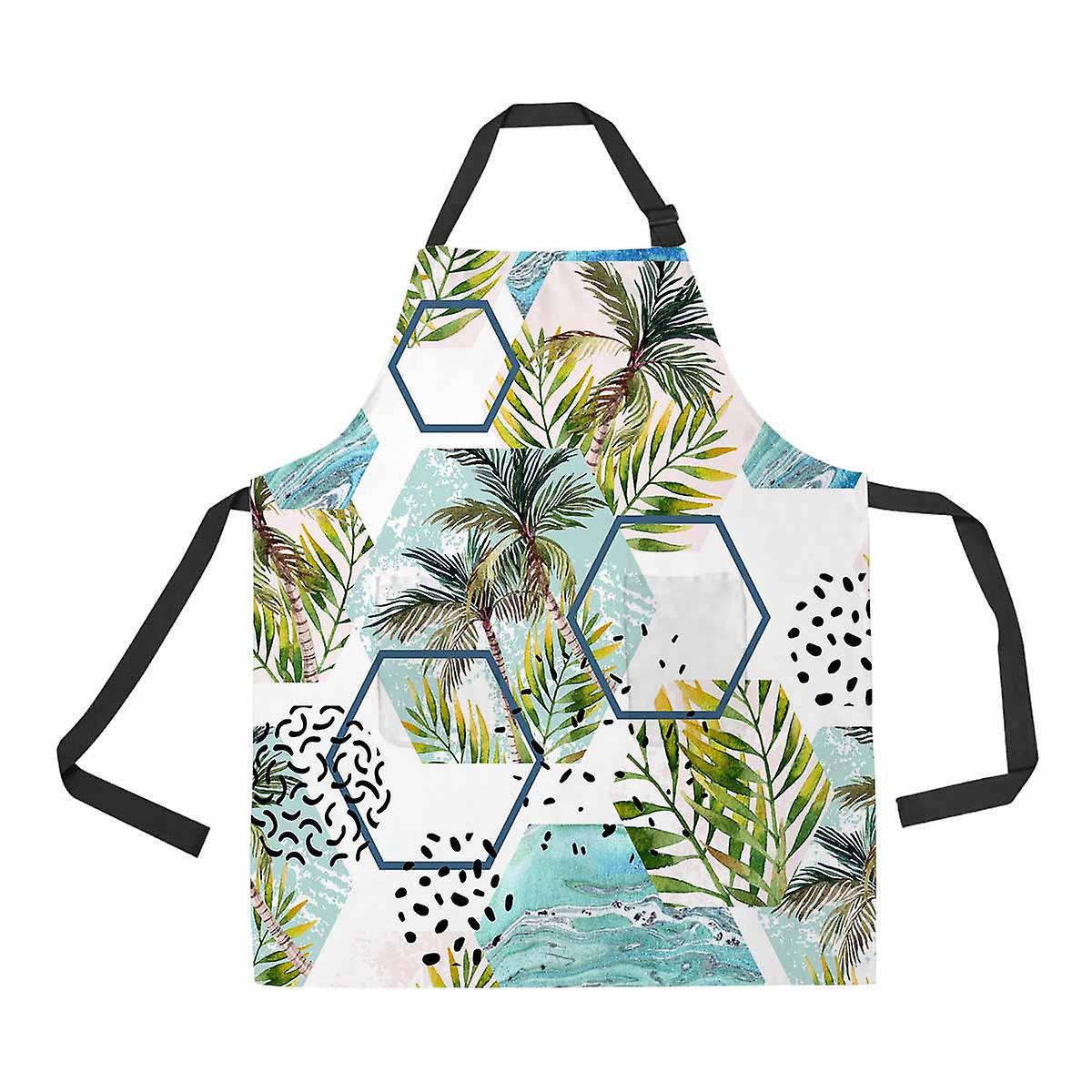 Tropical Leaves And Palm Trees In Geometric Shapes Unisex Adjustable Bib Apron With Pockets For Commercial Restaurant And Home Kitchen Use