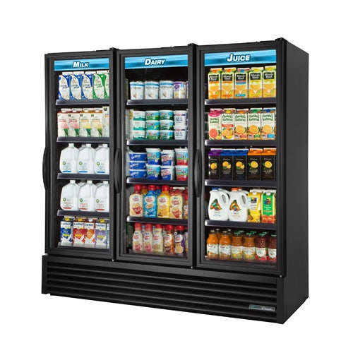 True FLM-81-TSL01 Full Length Refrigerated Merchandiser， Three-Section， Hinged Right-Right-Right