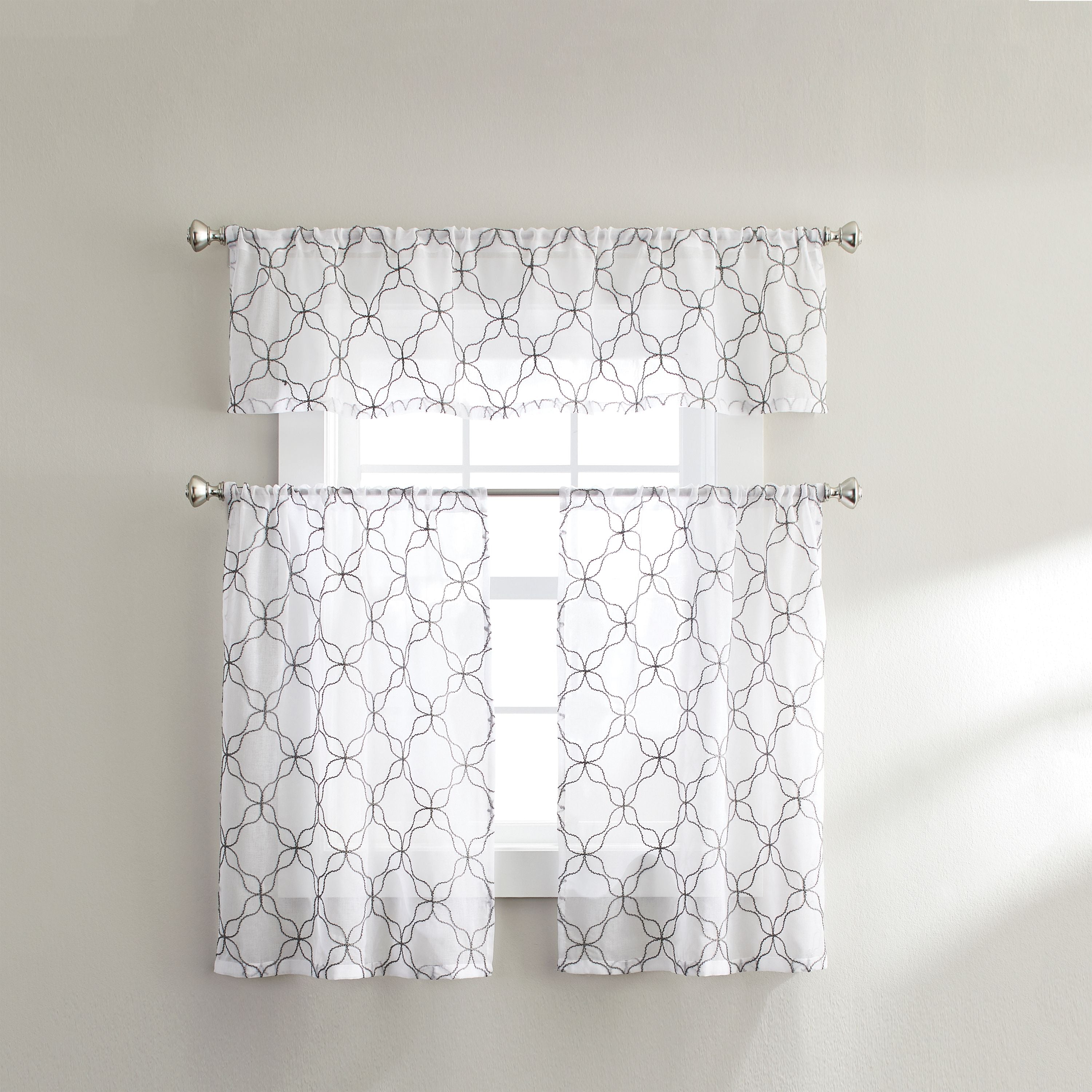 Better Homes & Gardens 3 Piece Sheer Quatrefoil Window Valance and Tier Set, Grey, 36 x 60