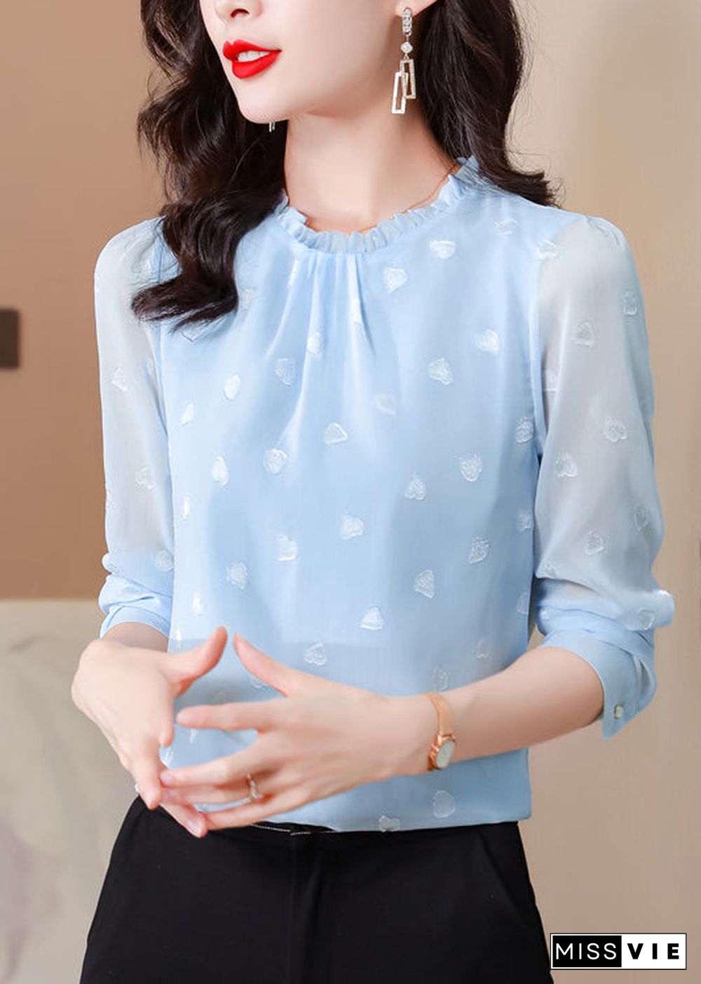 Boho Blue Ruffled Draping Chiffon Shirt Top Spring