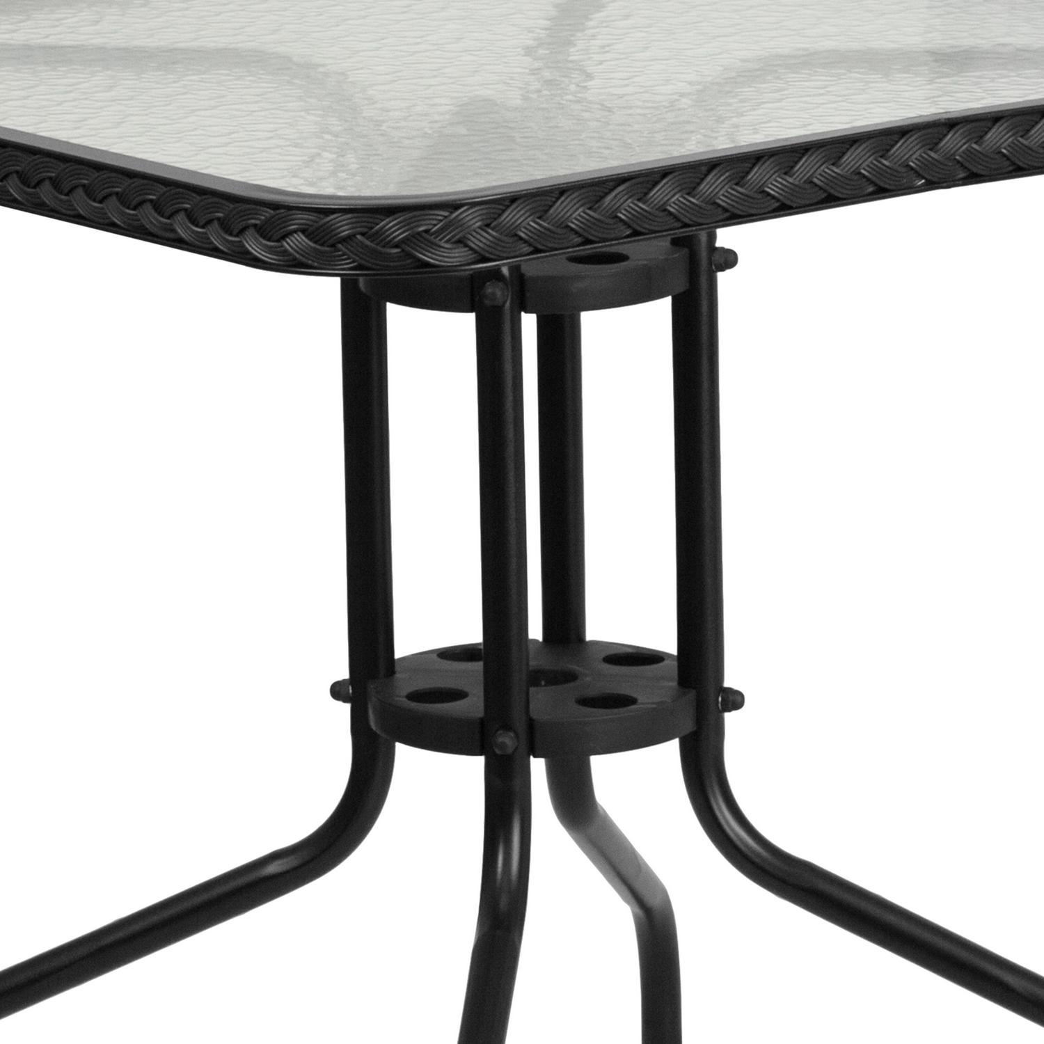 Flash Furniture 288221 Square Glass Metal Table with Black Rattan Edging and 2 Black Rattan Stack Chairs  Crowdfused