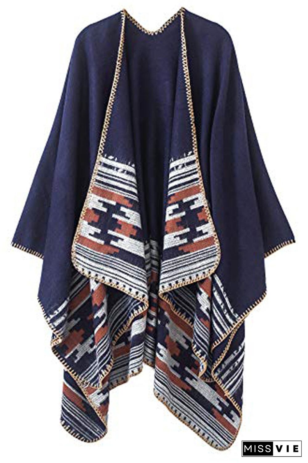 Colorblock Contrast Front Open Plaid Cape Cover Up