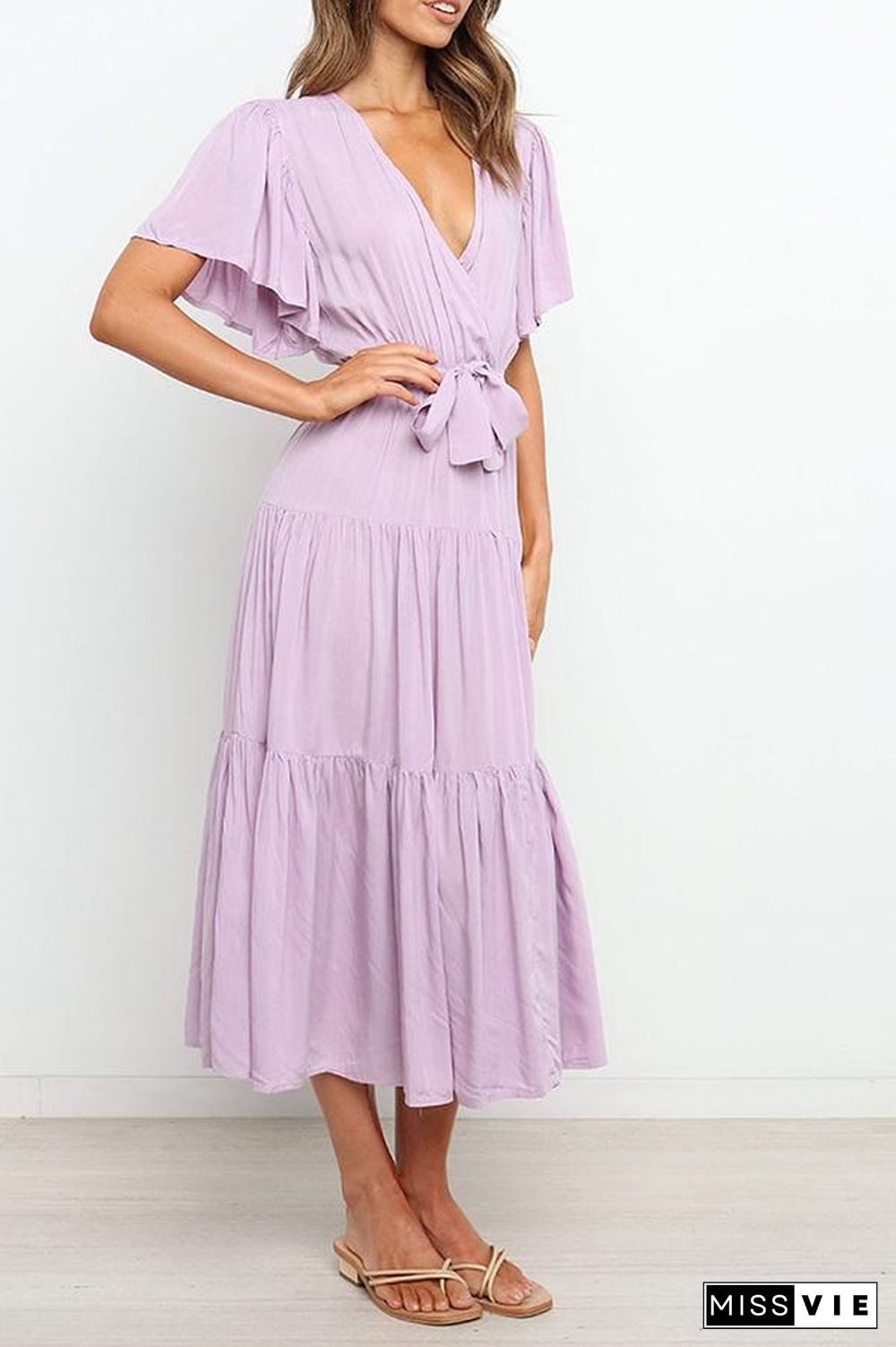 Ruffled Sleeve V-neck Tie Waist Maxi Dress P14492