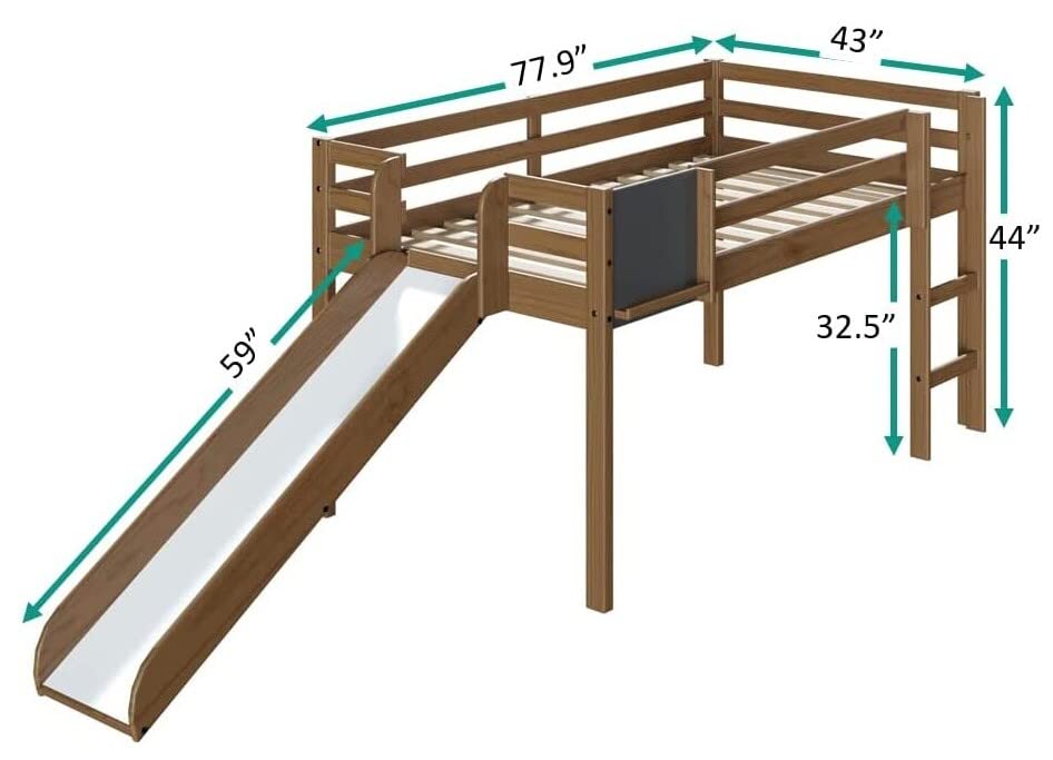 Naomi Home Cindy Kids Loft Bed with Slide, Twin Loft Bed with Slide, Loft Bed with Slide, Loft Bed Slide with Ladder, Chalkboard, Pine Wood Space Saving Kids Bed Frame for Boys, Girls, Latte