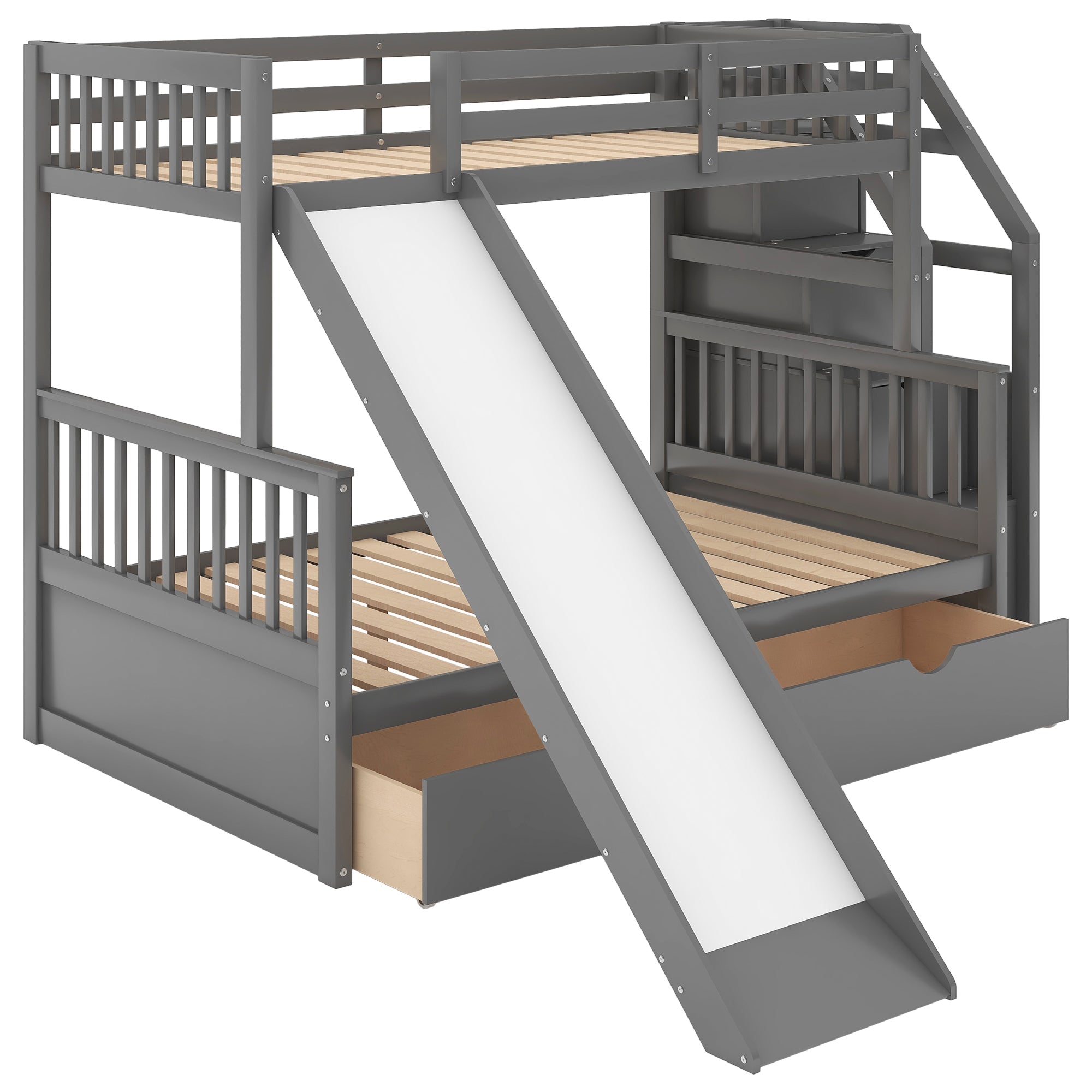 Bellemave Twin Over Full Bunk Bed with Stairs and Slide, Solid Wood Bunk Bed Frame with Storage Drawers for Kids Boys Girls Teens （Grey)