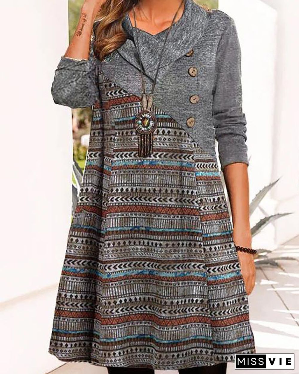 Vintage Collar Button Print Long Sleeve Midi Dress