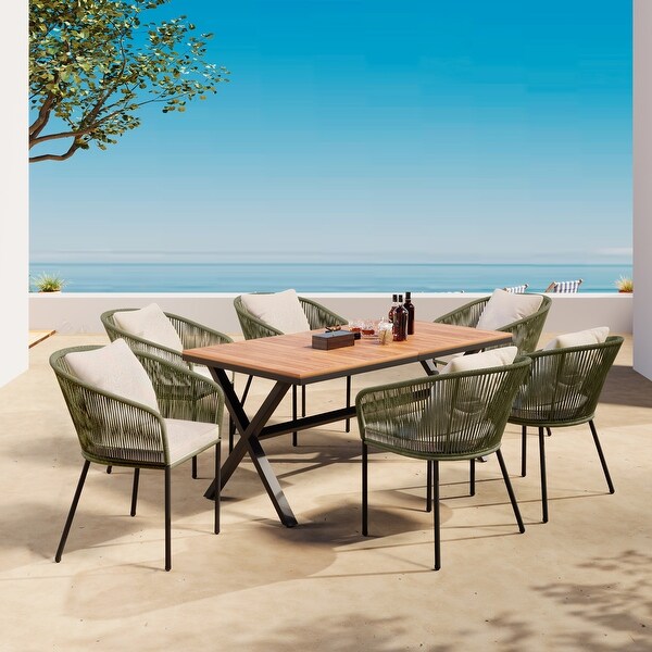 7Piece Acacia Patio Dining Set With Acacia Wood Tabletop and Metal Frame，AllWeather