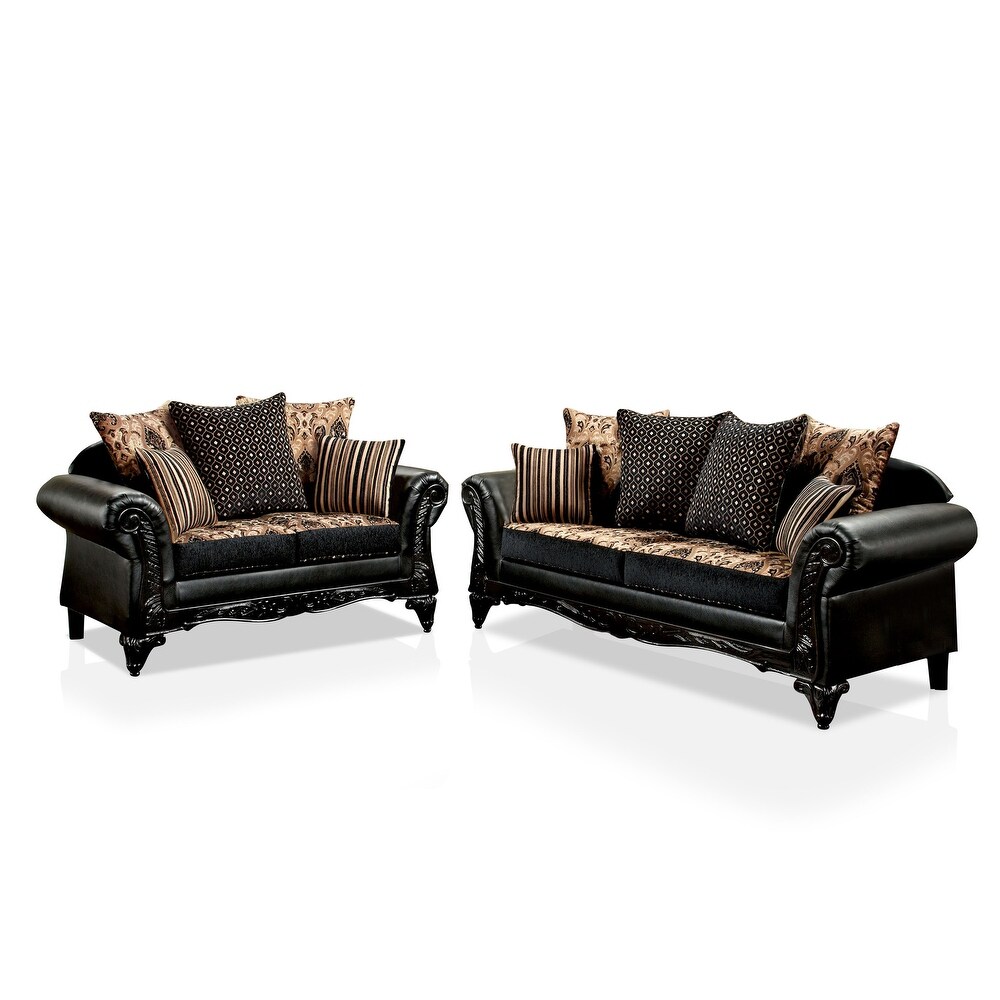 Chateau Traditional Black Faux Leather 2 Piece Sofa Set by Furniture of America