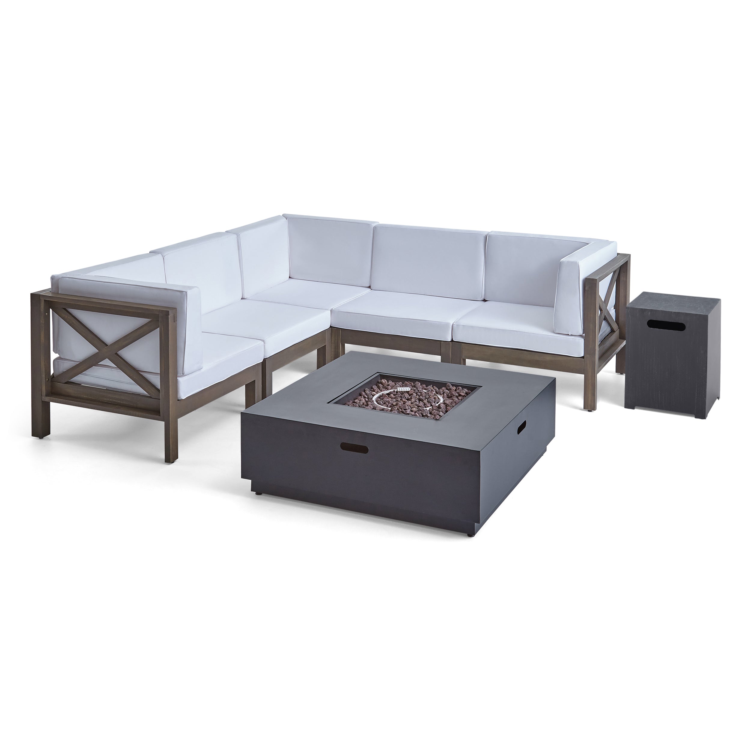 Gina Outdoor Acacia Wood 5 Seater Sectional Sofa Set with Fire Pit