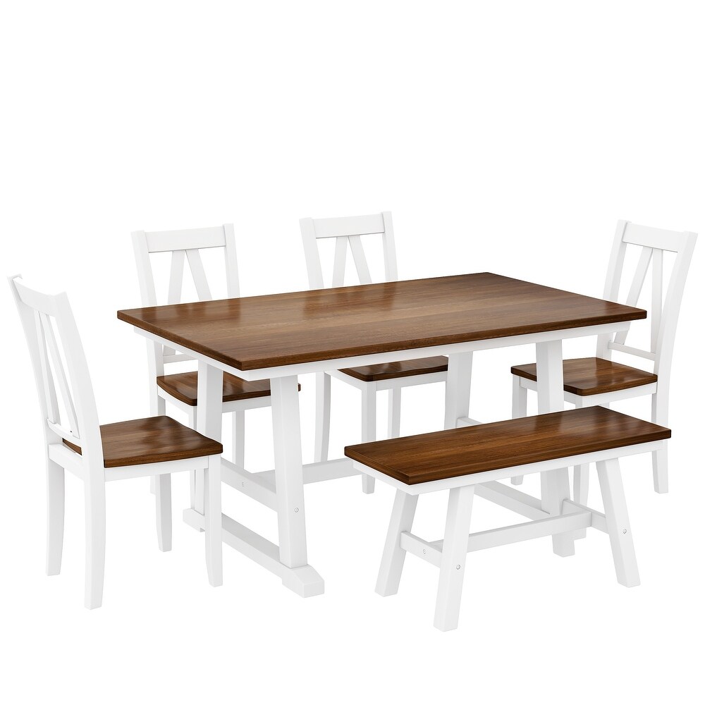 White 6 Piece Wood Dining Table Set with Long Bench and Chairs