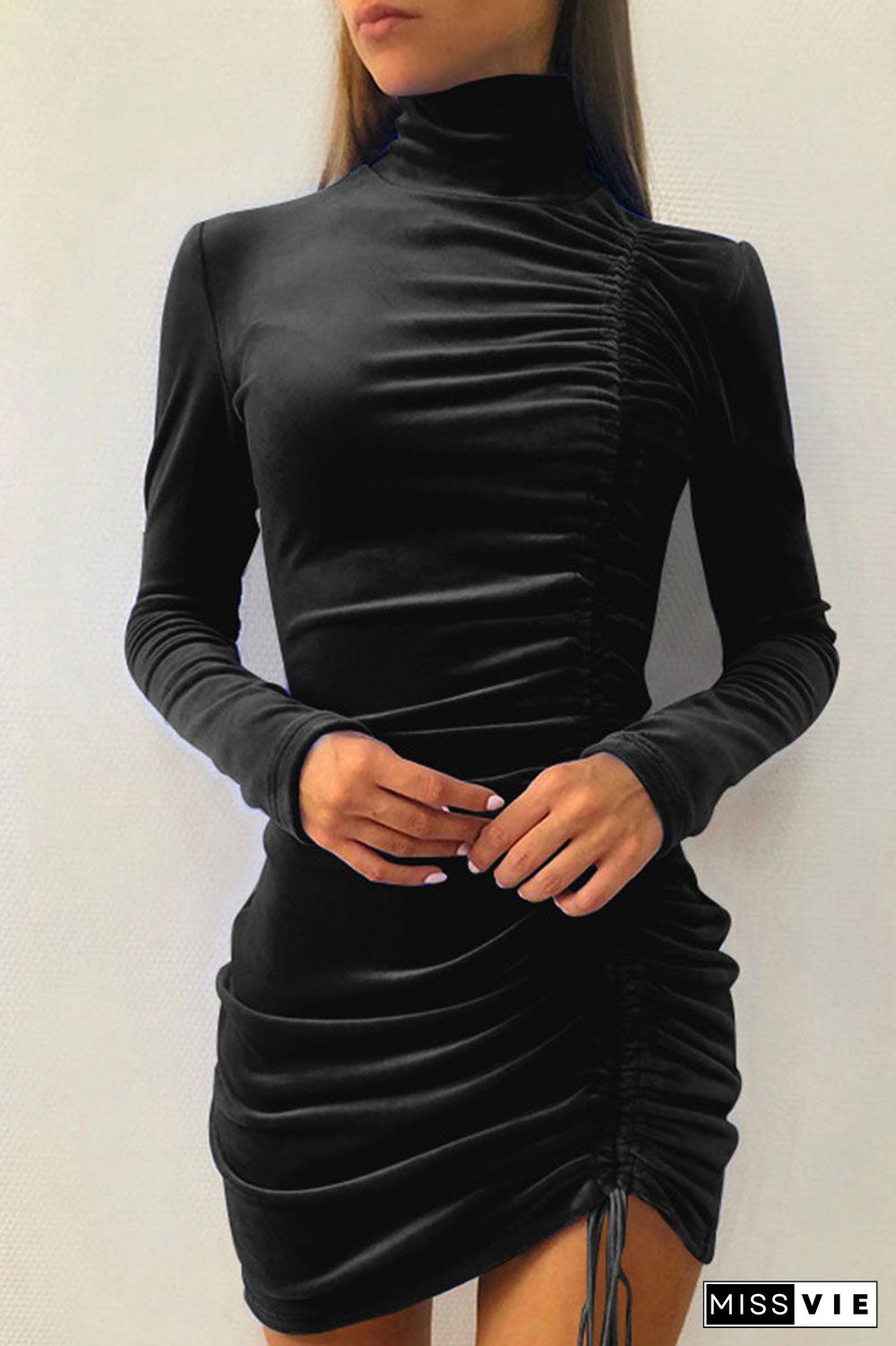 Sexy Elegant Solid Draw String Half A Turtleneck Wrapped Skirt Dresses(8 Colors)