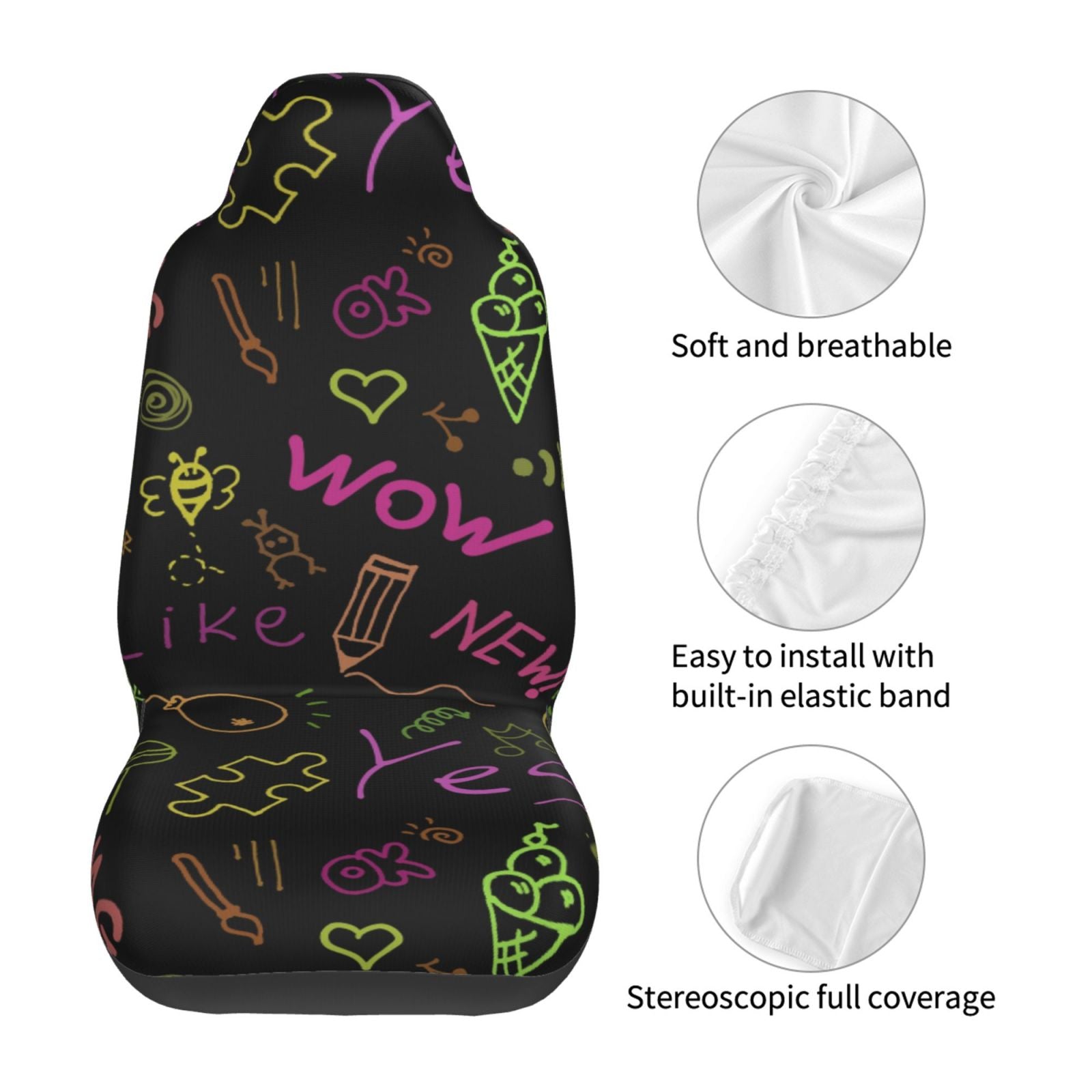 TEQUAN Front Seat Covers， Funny Colorful Graffiti Pattern 2 Piece Car Seat Cover Fit Most Car SUV Truck Van