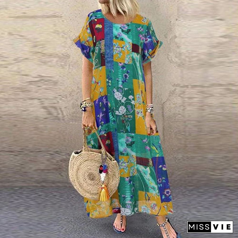 Zanzea Women Summer Short Sleeve Fashion Printed Dress Party Beach Kaftan Long Maxi Dress Plus