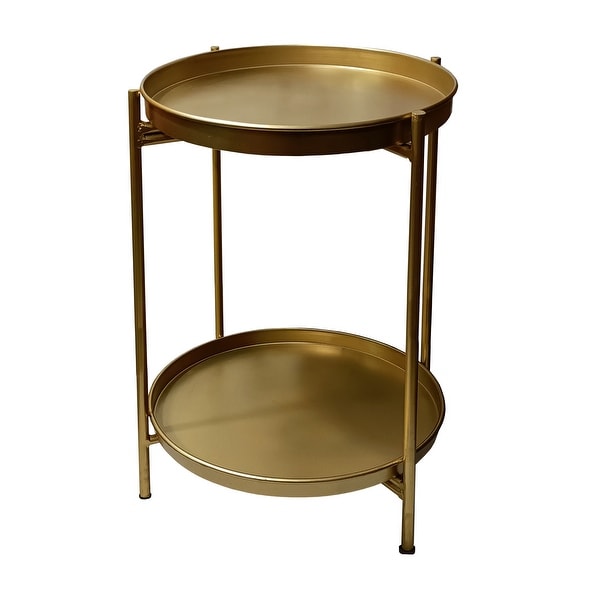 20 Inch High Round Side End Table with 2 Tier Iron Frame， Matte Gold