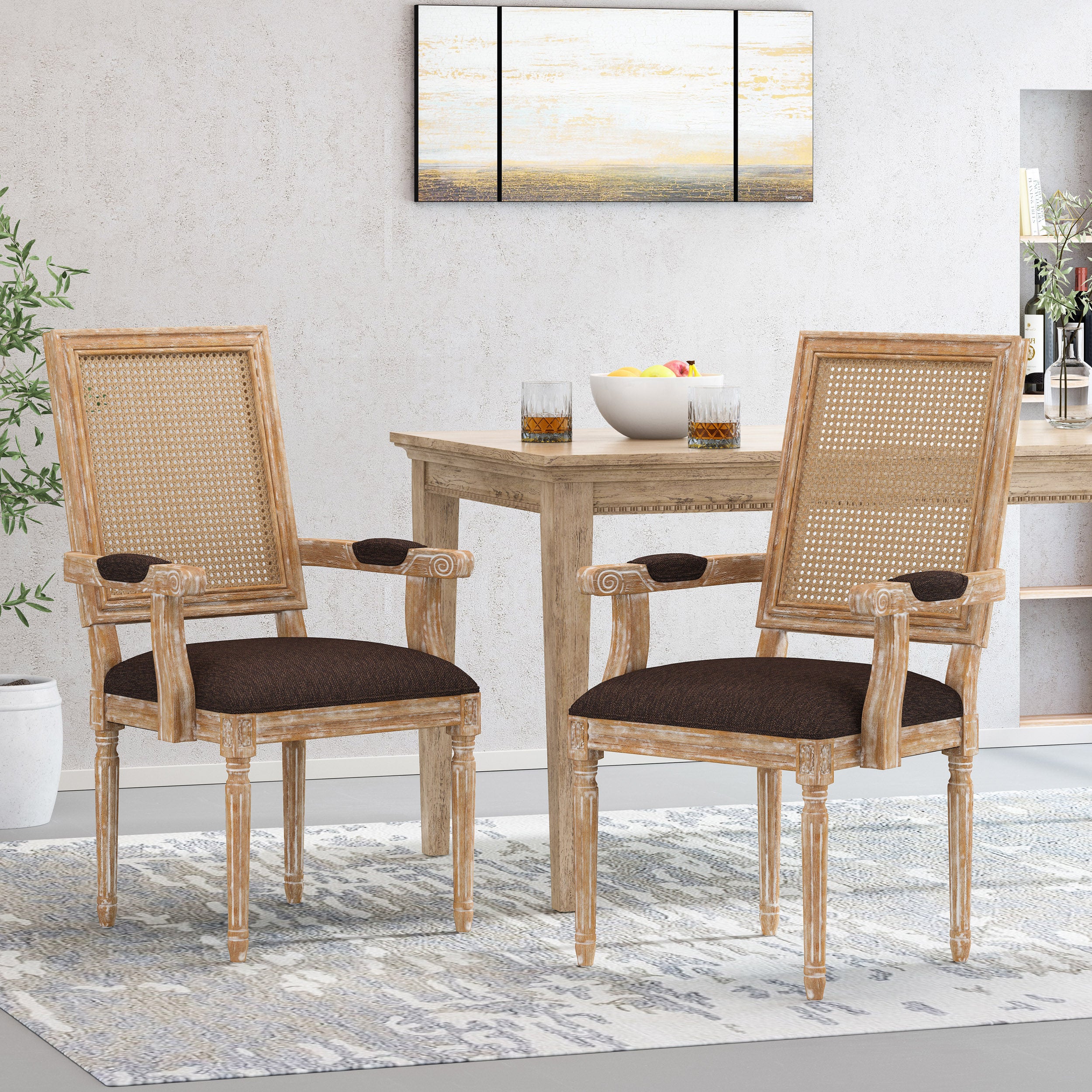 Zentner French Country Upholstered Wood and Cane Upholstered Dining Chairs, Set of 2