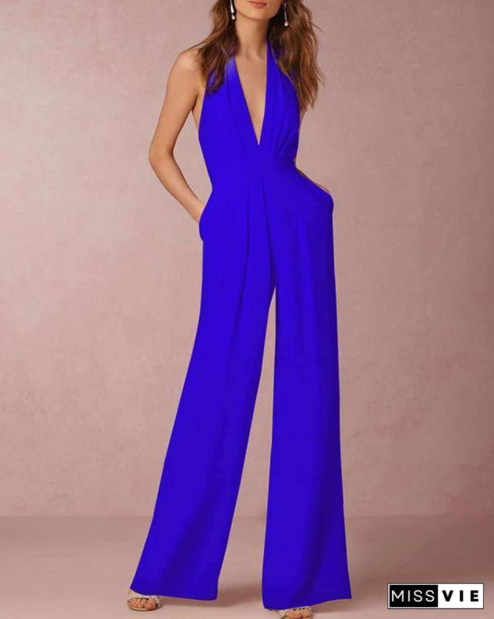 Halter Pocket Plain Wide-Leg Jumpsuit