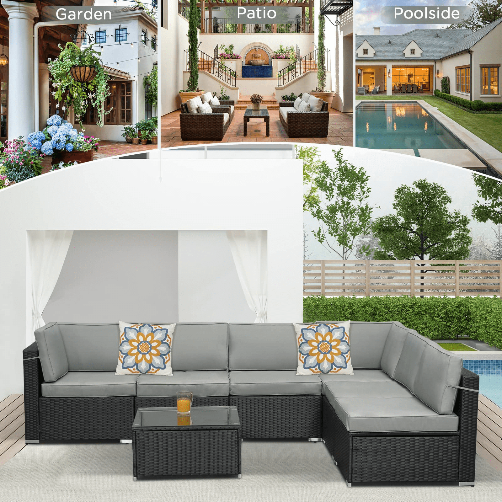 Royalcraft 7 Pieces Patio Conversation Sets， All-Weather PE Black Wicker Outdoor Rattan Sectional Sofa， Patio Sofa Couch with Table and Grey Cushions