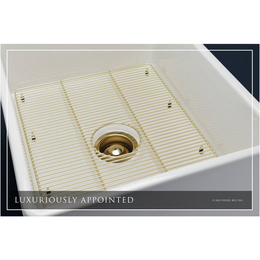 Fossil Blu Luxury White Solid Fireclay 26 in. Single Bowl Farmhouse Apron Kitchen Sink with Matte Gold Accs and Flat Front WHS1000BB