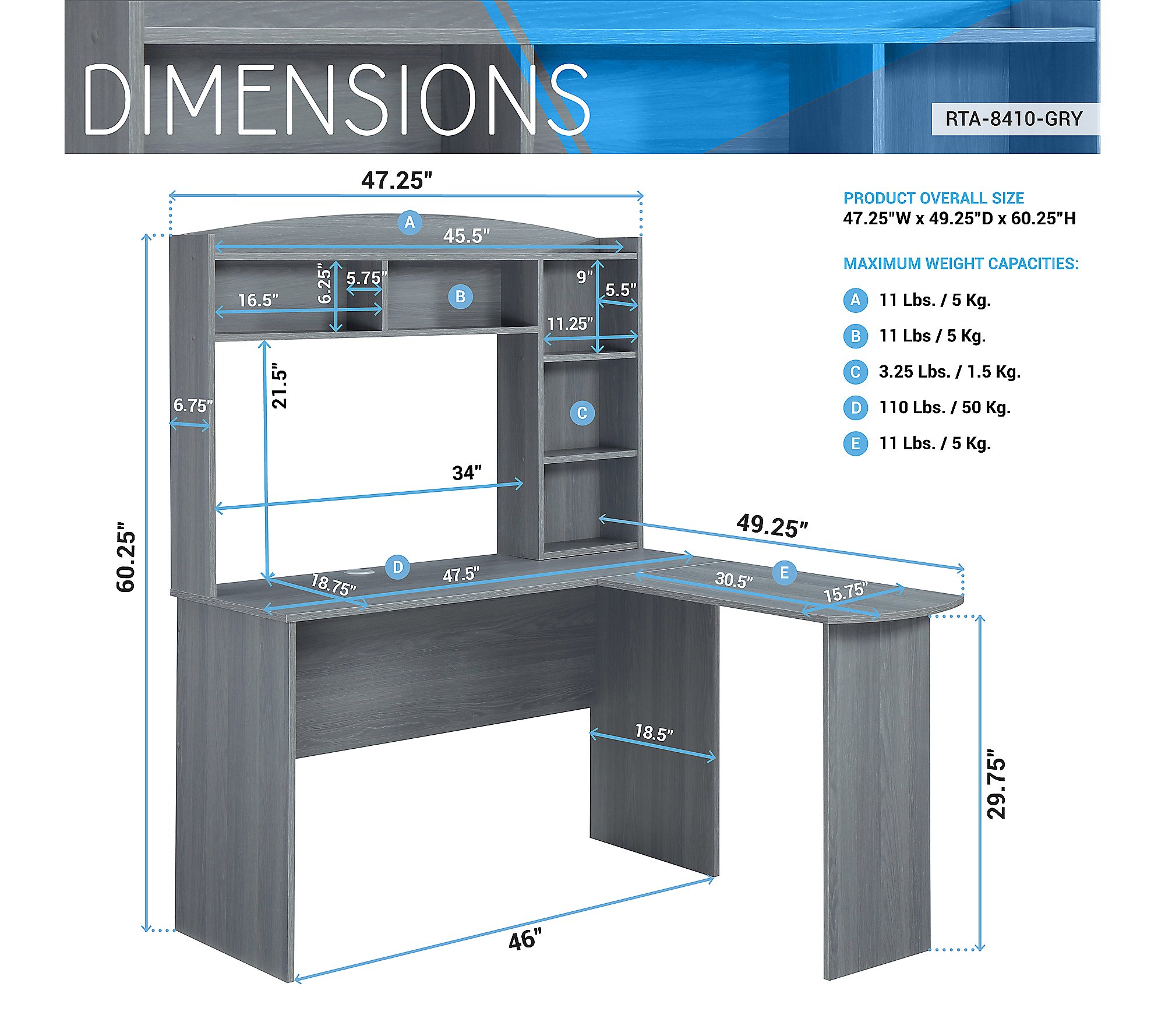 Techni Mobili Modern L-Shaped Computer Desk with Hutch