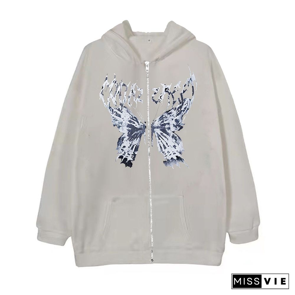 Darkness Butterfly Print Pocket Hooded Sweatshirt