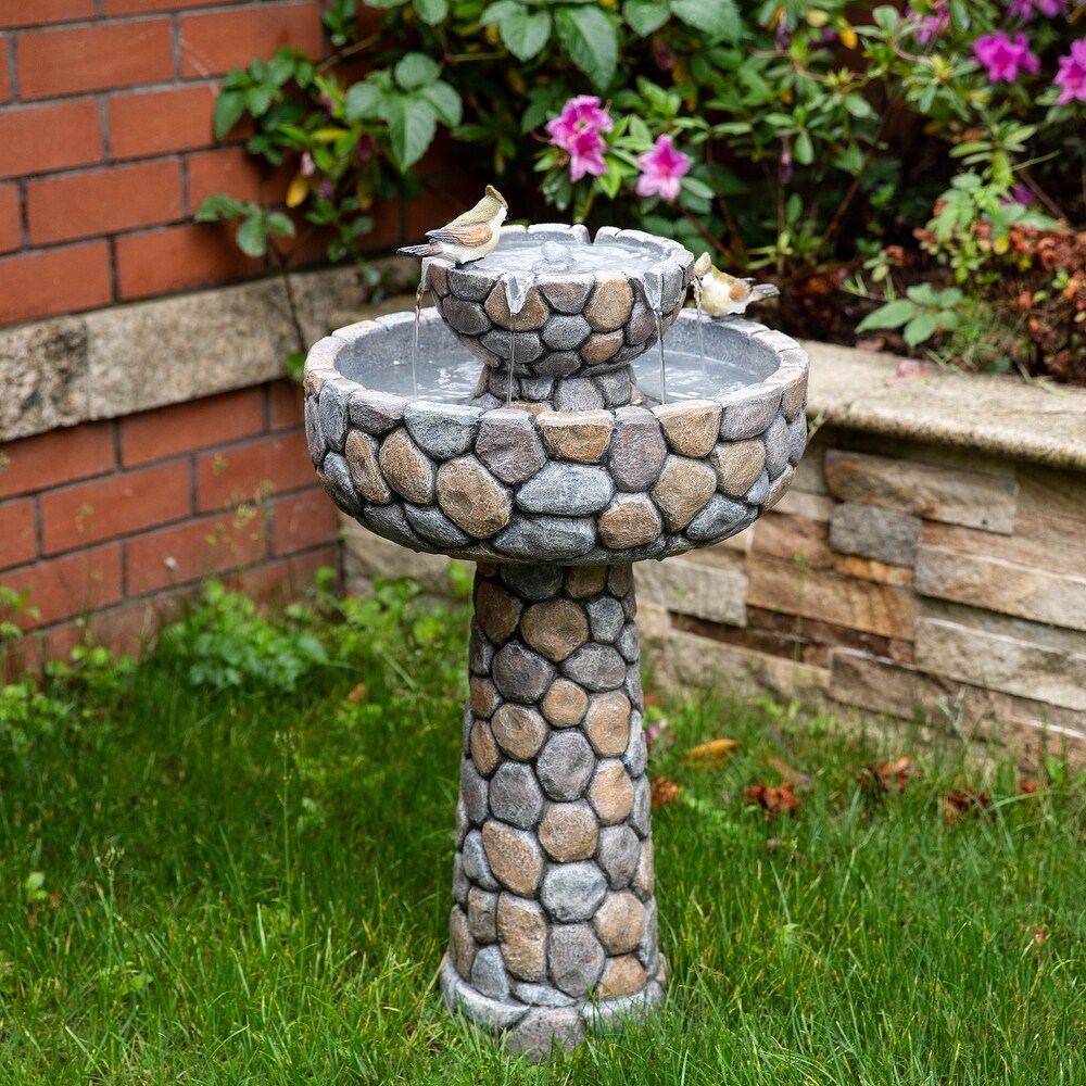 Glitzhome 24.5 inch Outdoor 2 tier Faux Pebbles Polyresin Birdbath Fountain with Pump