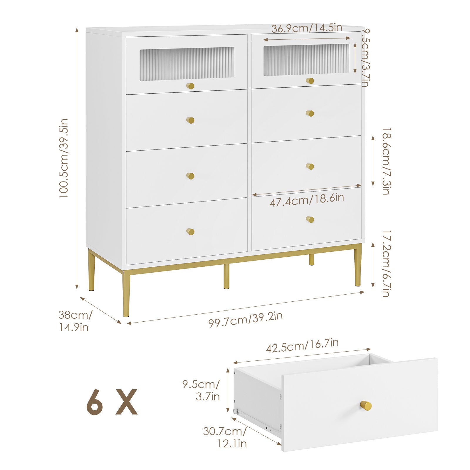 Homfa Double Dresser with 6 Drawers, Storage Cabinet with 2 Glass Doors, White