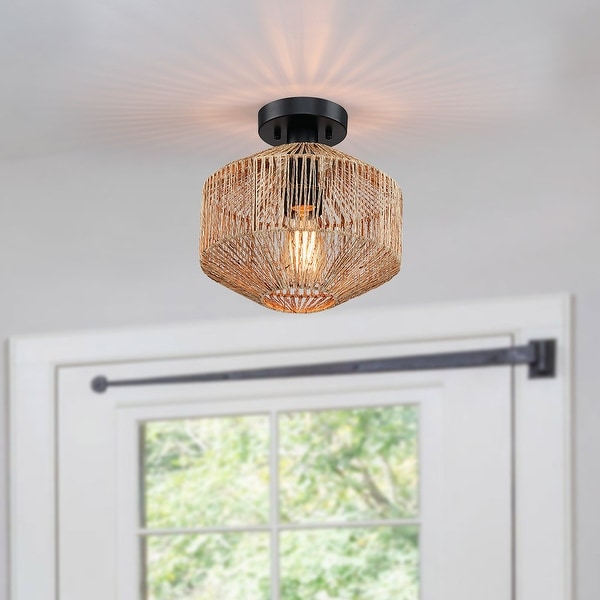 True Fine Bohemian Natural Jute Rope Semi Flush Mount Ceiling Light with Black Hardware - 10.2 in.W