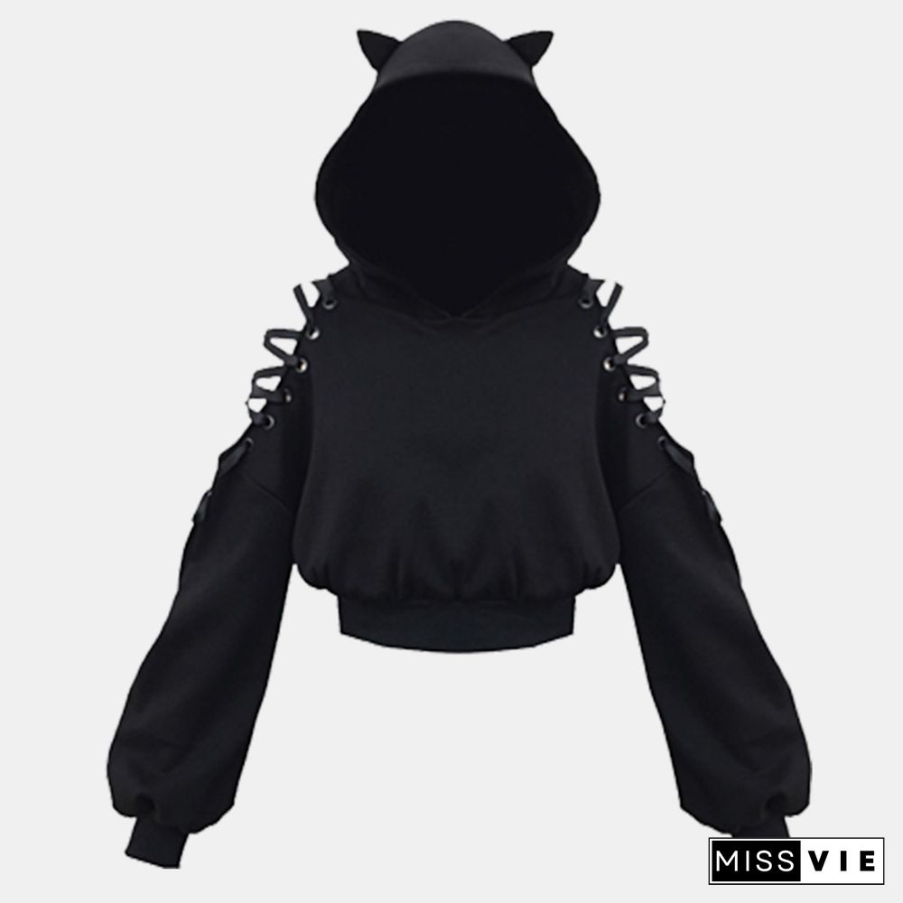 Cat Ears Lace Up Short Hoodie Black