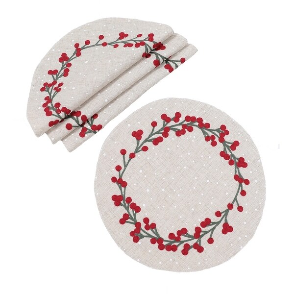 Holly Berry Branch Embroidered Christmas Placemats 14x20，Set of 4