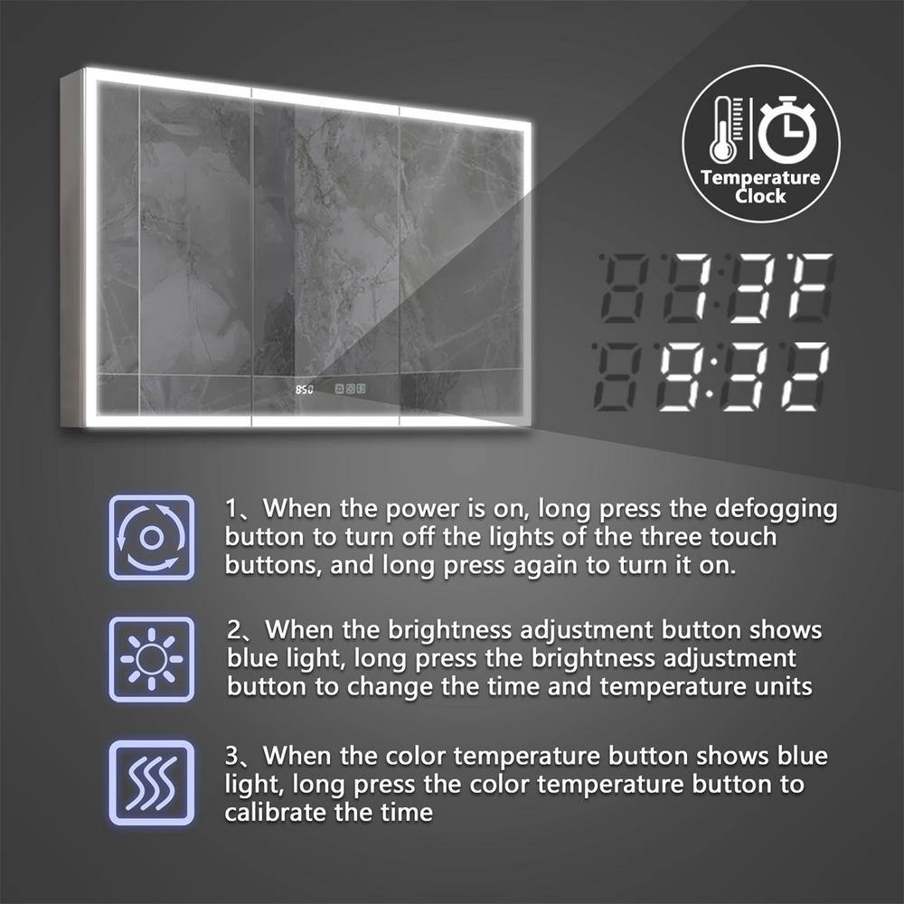 ExBrite 48 in. W x 30 in. H Rectangular Silver Aluminum RecessedSurface Mount Medicine Cabinet with Mirror LED and Clock 11MC4830V6DX