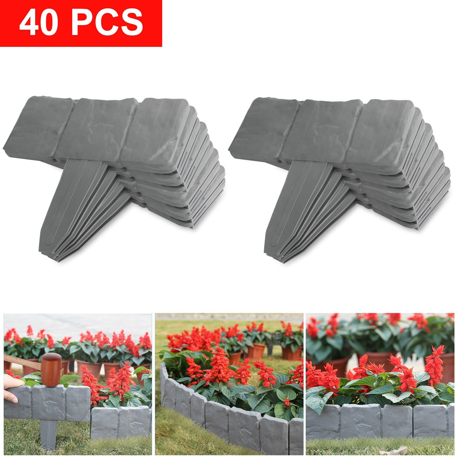 Lawn Fencing,iMounTEK 40 PCS Cobbled Stone Border Garden Edging Lawn Border Hammer in Lawn Plant Border