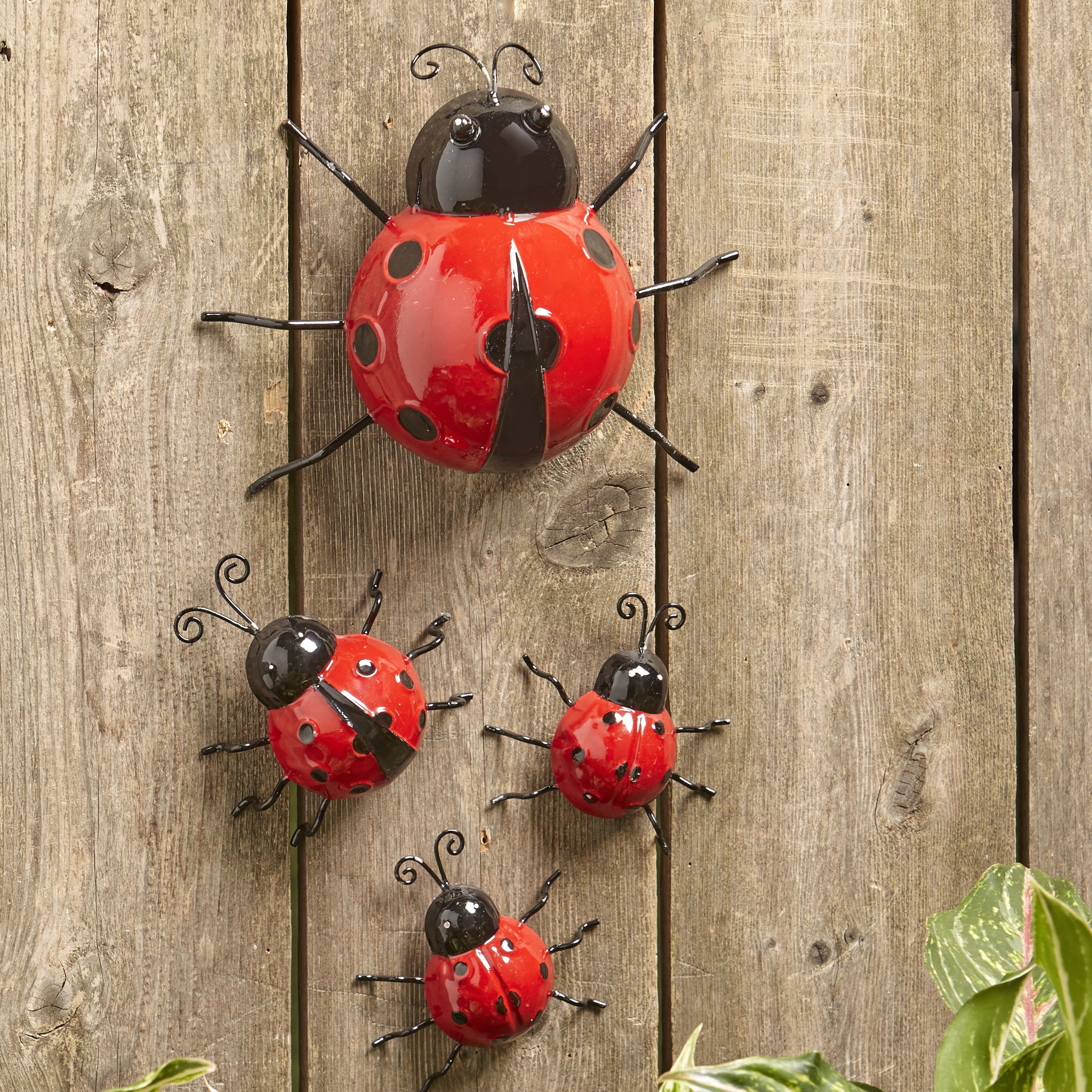 Metal Ladybug Garden Decorations with Red and Black Spots - Set of 4