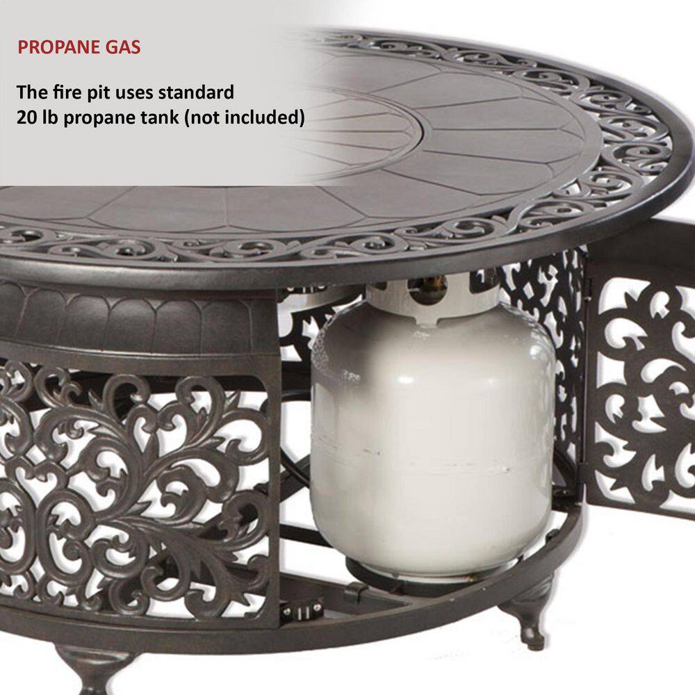 Alfresco Bellagio 22 in. x 48 in. Round Cast Aluminum Propane Gas Fire Pit Table with Glacier Ice Firebeads 55-3008