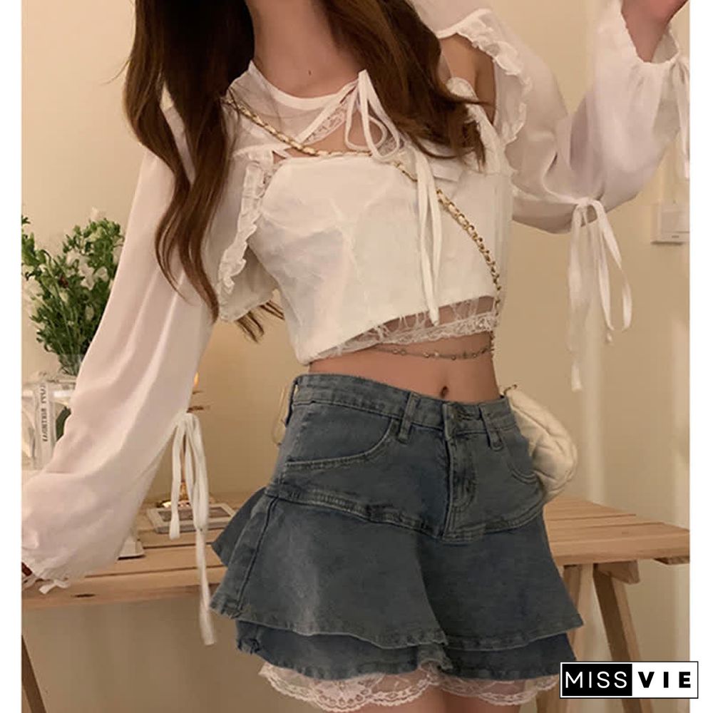 Chiffon Cardigan Lace Cami Top Undershorts High Waist Tiered Mini Denim Skirt