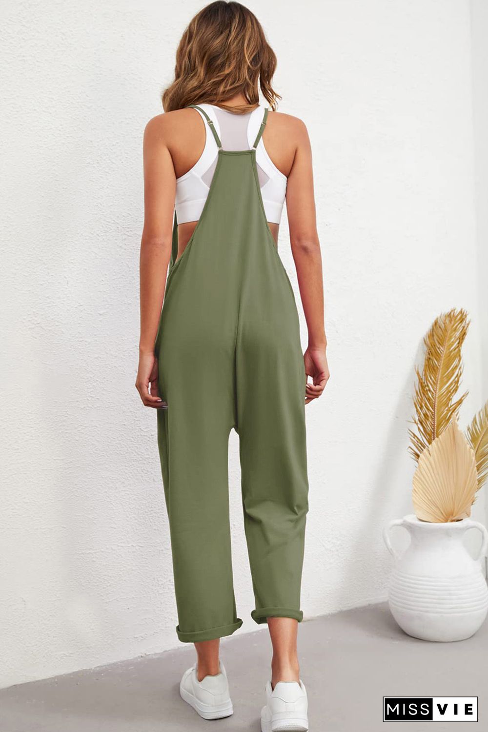 Green Pocketed Adjustable Spaghetti Strap Straight Leg Jumpsuit