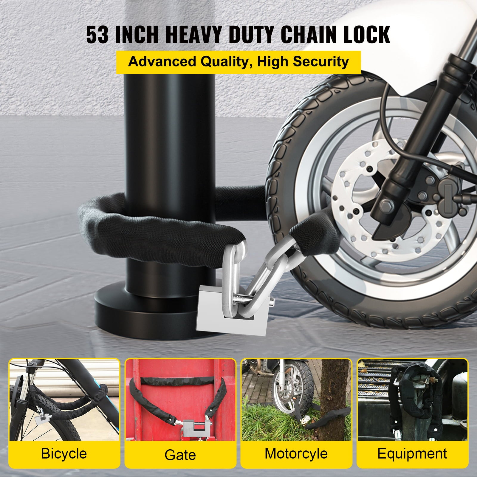 VEVOR Heavy Duty Chain Lock， 1/2 inch x 4.42 feet Security Chain and Lock Kit， Premium Case-Hardened Chain Pure Brass Lock Core with 3 Keys， Fit for Motorcycle， Generator， Gates， Bicycle， Scooter