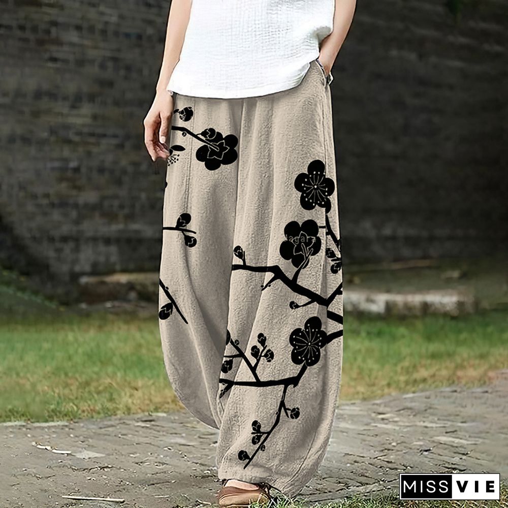 Women's Sakura Art Ink And Wash Loose Casual Pants