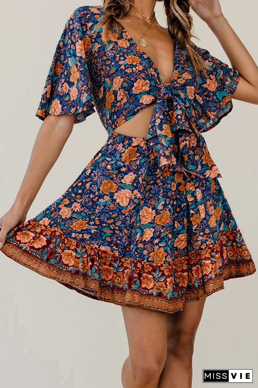 Vintage Floral Print V-neck Tie Knot Mini Dress Wholesale