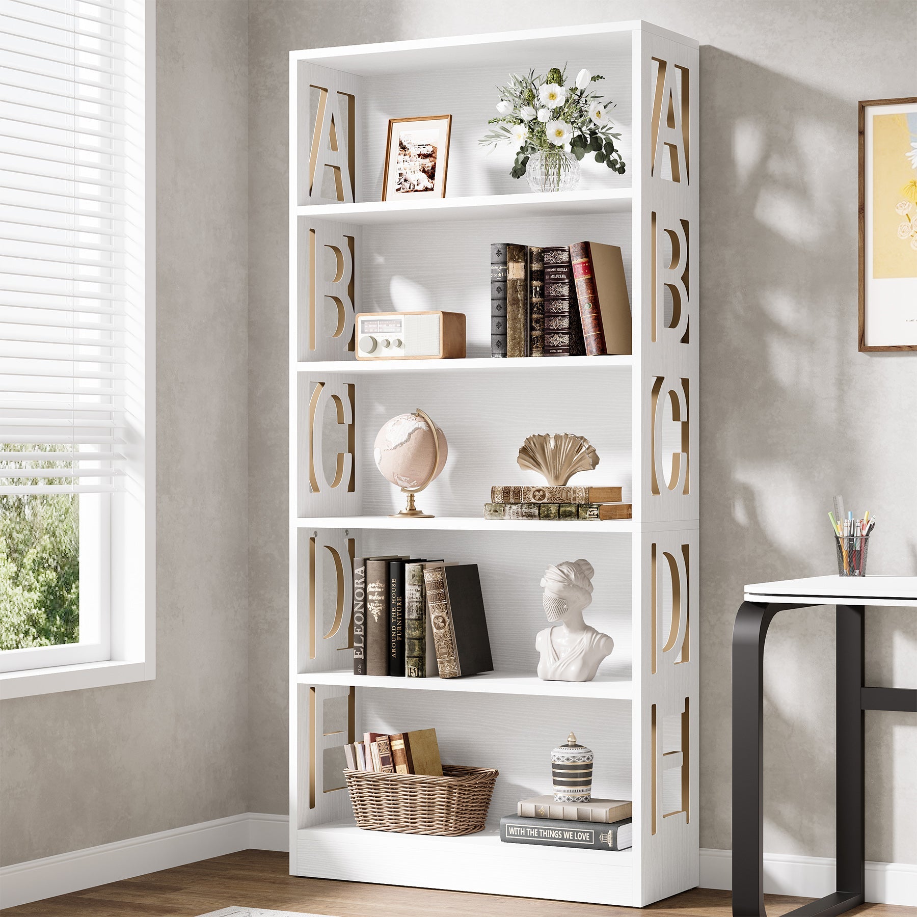 70.9 Bookshelf, Modern Bookcase Display Shelf with Creative Hollow Alphabet