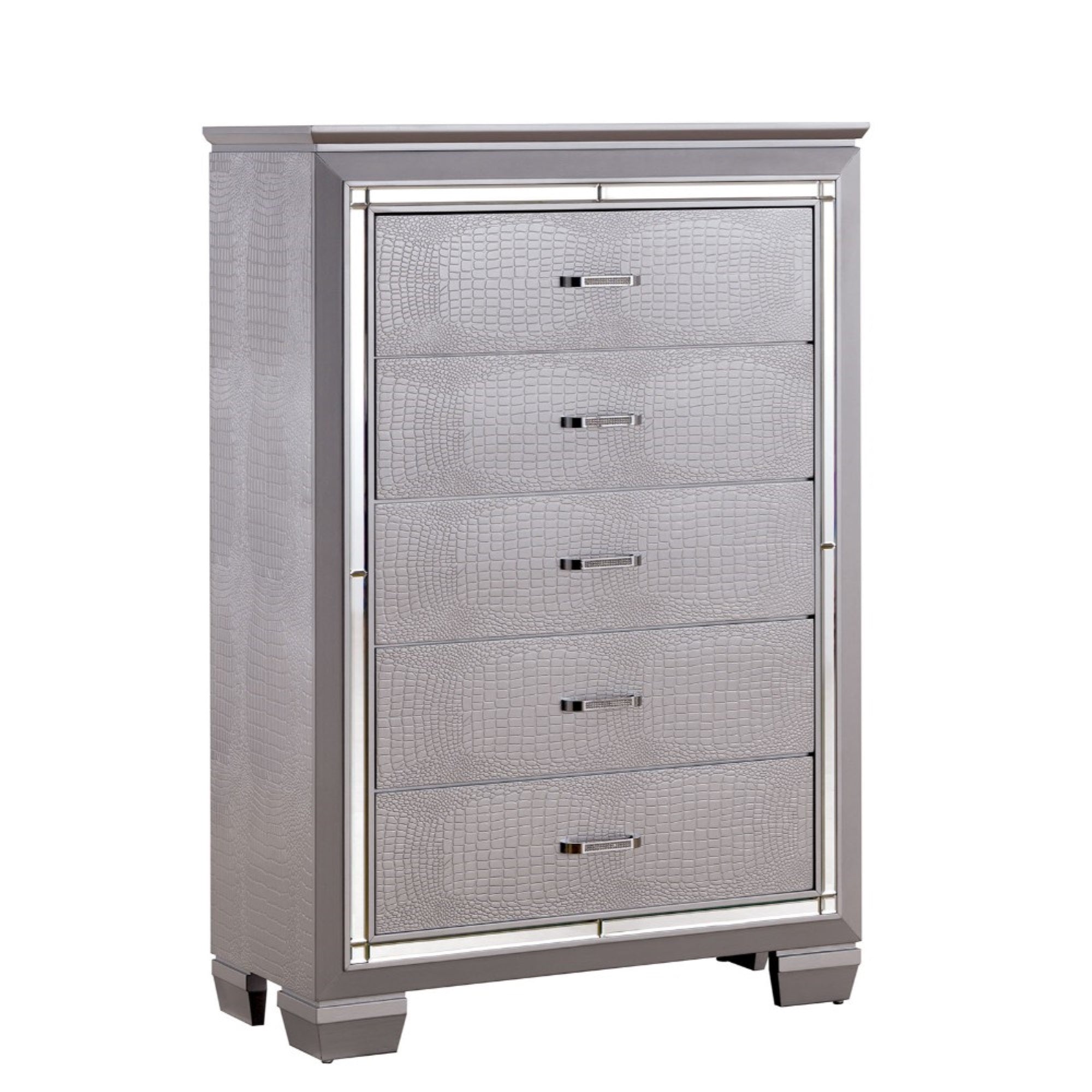 Contemporary Style Five Drawer Wooden Chest, Silver