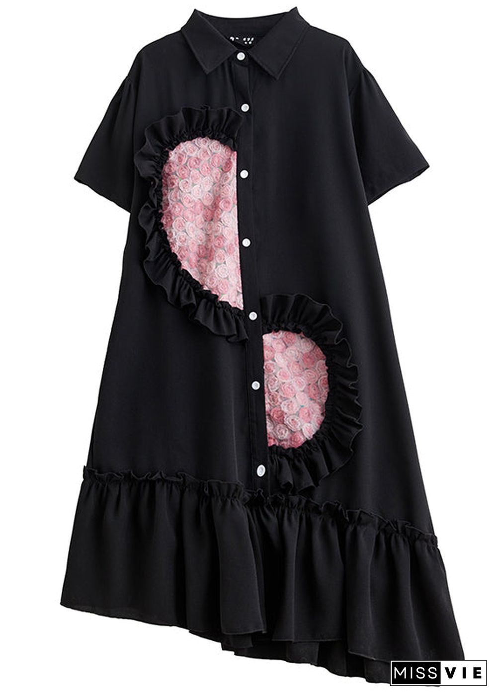 Style Black Ruffled Patchwork Cotton Shirt Dresses Summer