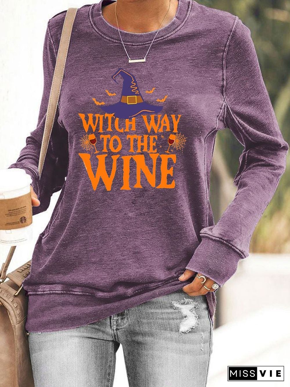 Women's Halloween Funny Witch Way To The Wine Printed Sweatshirt