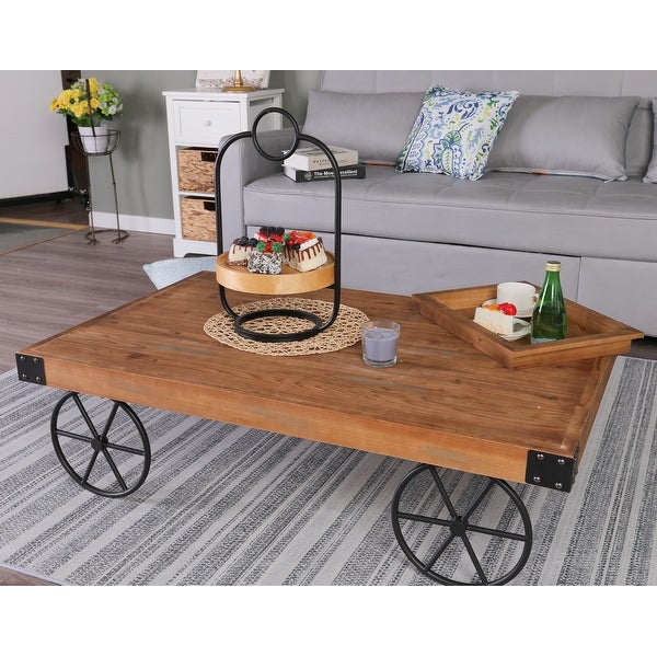 Sophia and William Rustic Coffee Table with Metal Wheels