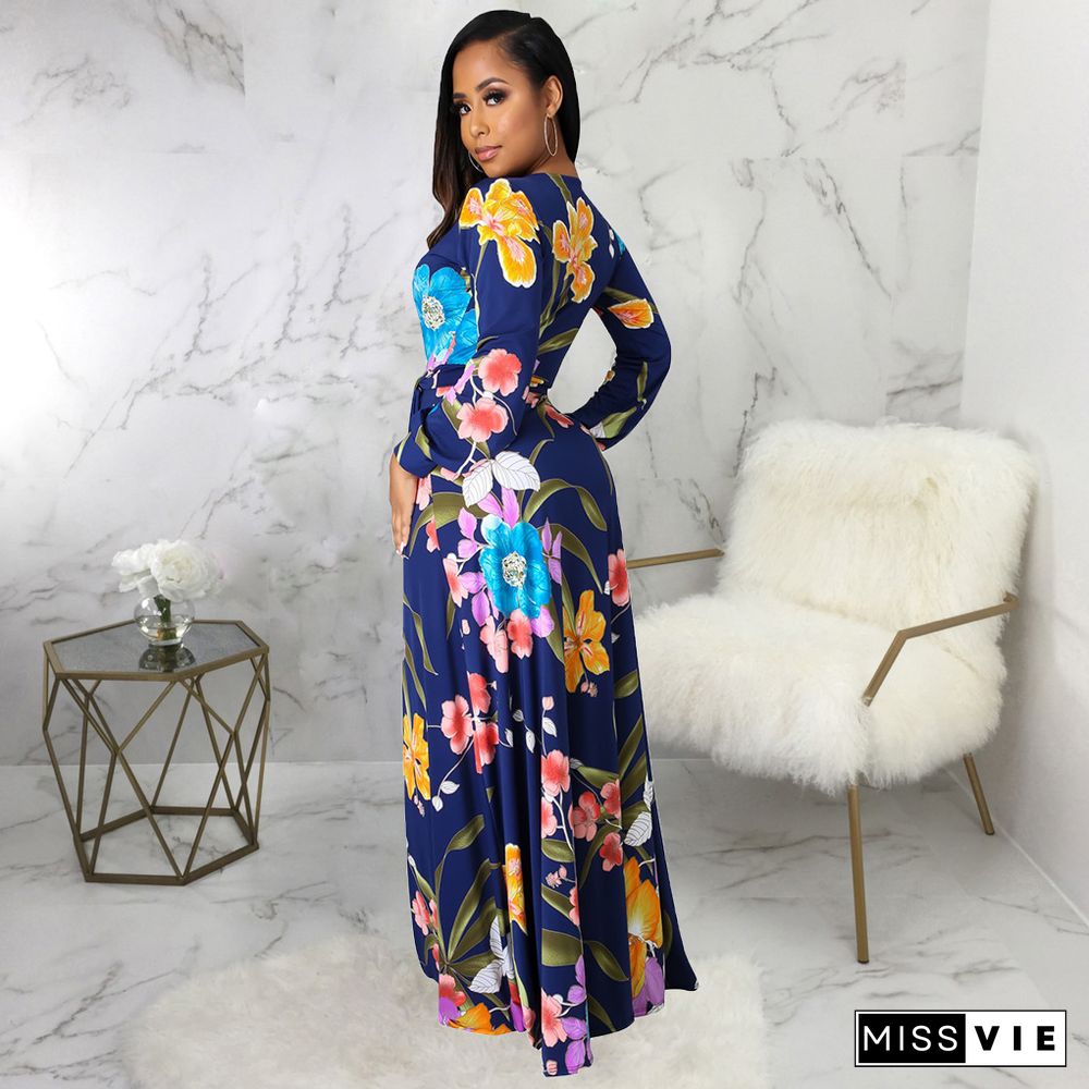 Elegant Summer Beach Floral Print Boho V-Neck Long Sleeve Sashes Women Big Hem Maxi Long Dresses