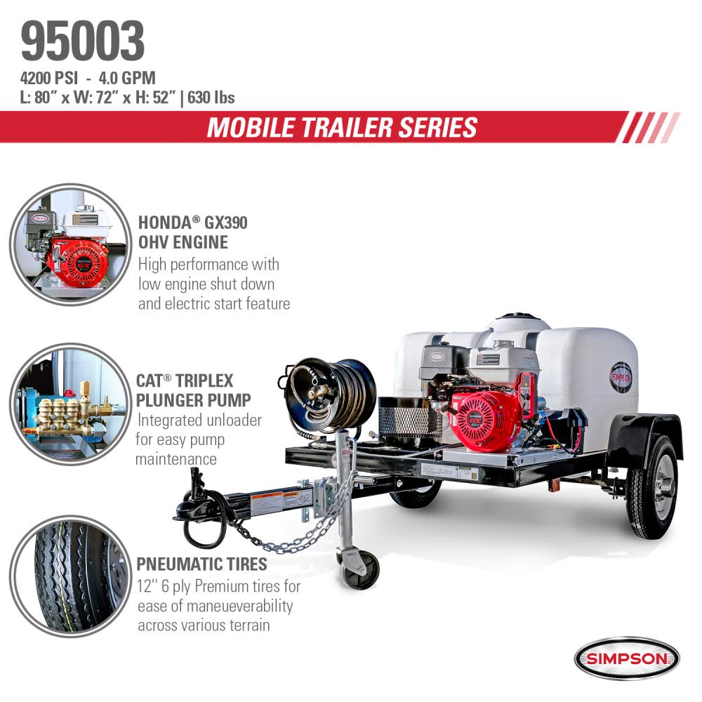 Simpson Pressure Washer Trailer Cold Water Professional Gas ;